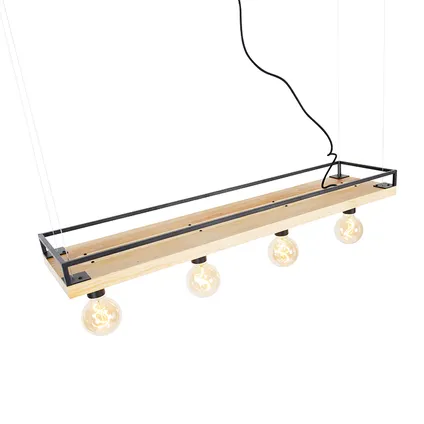 QAZQA Industriële hanglamp zwart met hout 4-lichts - Shelf 8