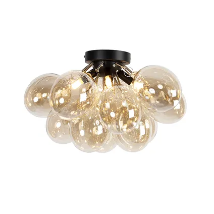QAZQA Design plafondlamp zwart met amber glas 4-lichts - Uvas 7