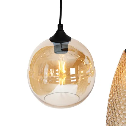 QAZQA Art deco hanglamp zwart met amber glas 8-lichts - Hanne 3