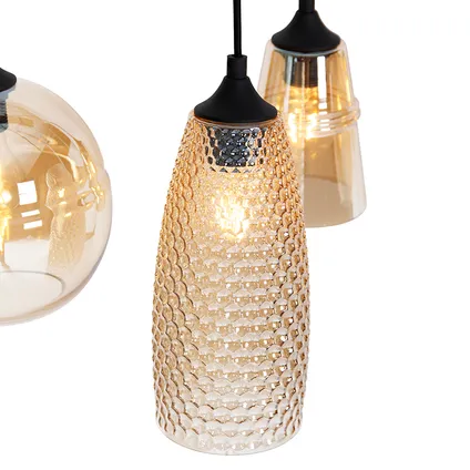 QAZQA Art deco hanglamp zwart met amber glas 8-lichts - Hanne 5