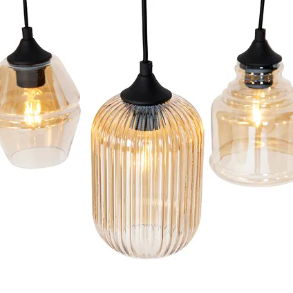 QAZQA Art deco hanglamp zwart met amber glas 8-lichts - Hanne 9