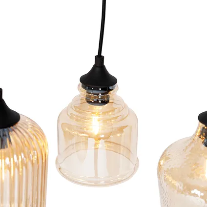 QAZQA Art deco hanglamp zwart met amber glas 8-lichts - Hanne 10