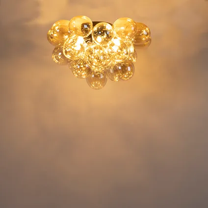 QAZQA Design plafondlamp zwart met amber glas 6-lichts - Uvas 10