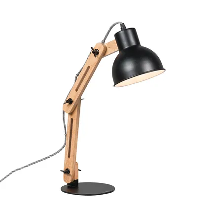 QAZQA Industriële tafellamp zwart met hout - Woodi 2