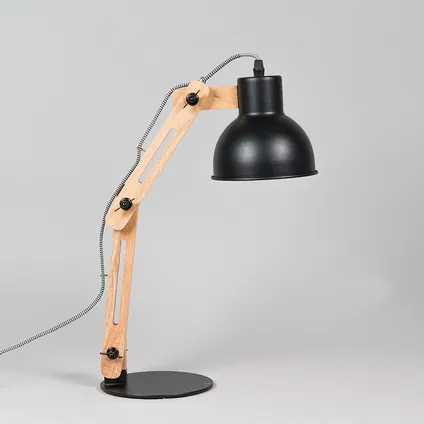 QAZQA Industriële tafellamp zwart met hout - Woodi 3