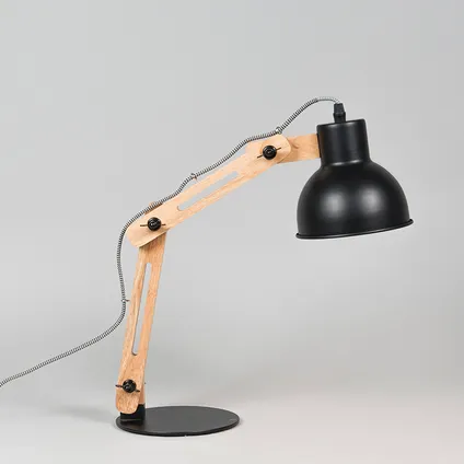 QAZQA Industriële tafellamp zwart met hout - Woodi 5