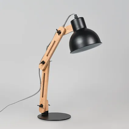 QAZQA Industriële tafellamp zwart met hout - Woodi 10