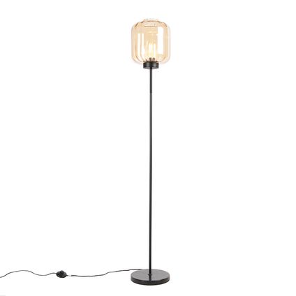 QAZQA Design vloerlamp zwart met amber glas - Qara