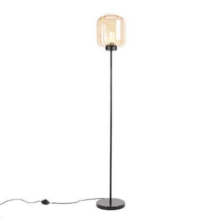 QAZQA Design vloerlamp zwart met amber glas - Qara 2
