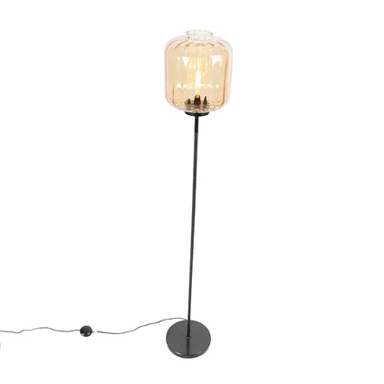 QAZQA Design vloerlamp zwart met amber glas - Qara 9