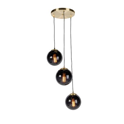QAZQA Lampe à suspension Art Déco en laiton avec verre noir à 3 lumières - Pallon