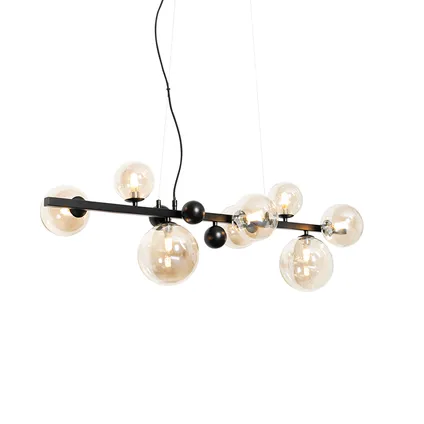 QAZQA Art Deco hanglamp zwart met amber glas 8-lichts - David 3