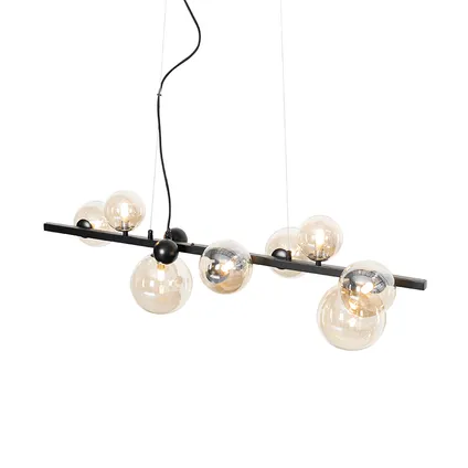 QAZQA Art Deco hanglamp zwart met amber glas 8-lichts - David 5