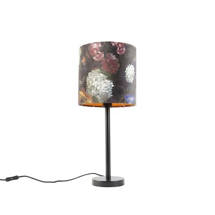 QAZQA Romantische tafellamp zwart met bloemen kap 25 cm - Simplo