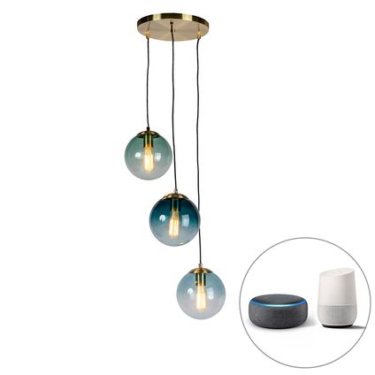 QAZQA Smart hanglamp messing incl. 3 WiFi ST64 met blauw glas - Pallon