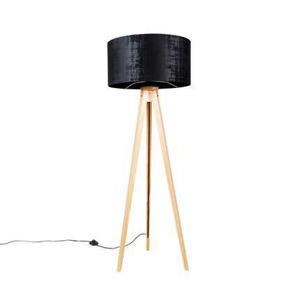 QAZQA Vloerlamp hout met stoffen kap zwart 50 cm - Tripod Classic