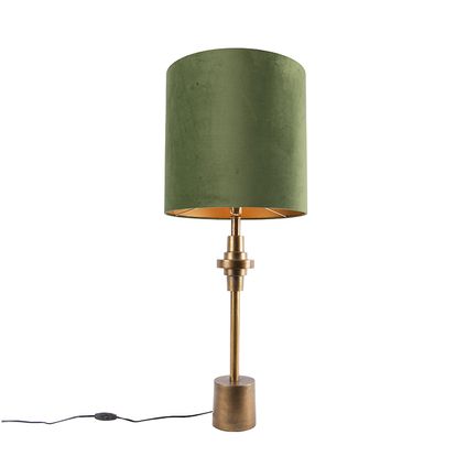QAZQA Lampe de table bronze velours abat-jour vert 40 cm - Diverso