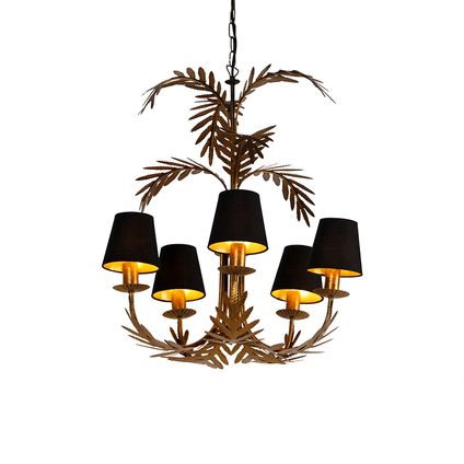 QAZQA Kroonluchter goud met zwarte kappen 5-lichts - Botanica