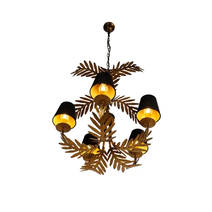 QAZQA Kroonluchter goud met zwarte kappen 5-lichts - Botanica 5