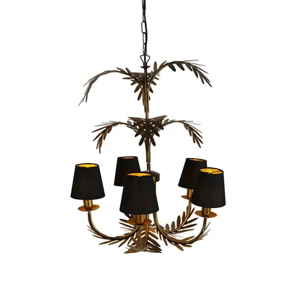 QAZQA Kroonluchter goud met zwarte kappen 5-lichts - Botanica 6