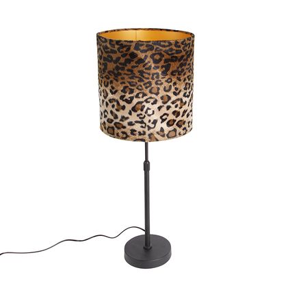 QAZQA Tafellamp zwart velours kap luipaard dessin 25 cm - Parte