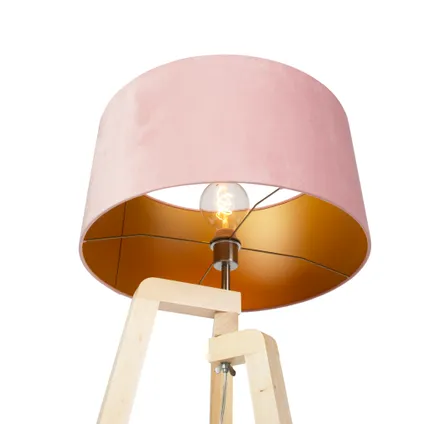 QAZQA Vloerlamp tripod hout met roze velours kap 50 cm - Puros 5