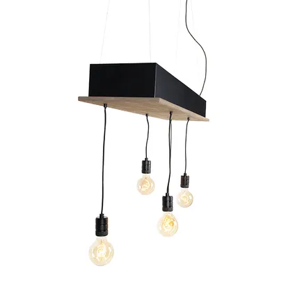 QAZQA Landelijke hanglamp zwart met hout 5-lichts - Flair 6
