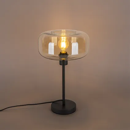 QAZQA Lampe de table art déco noire avec verre ambré - Bizle 10