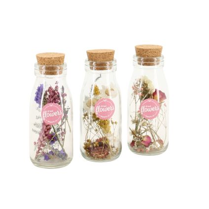 Set van 3 droogbloemen in glazen flesjes - droogboeket