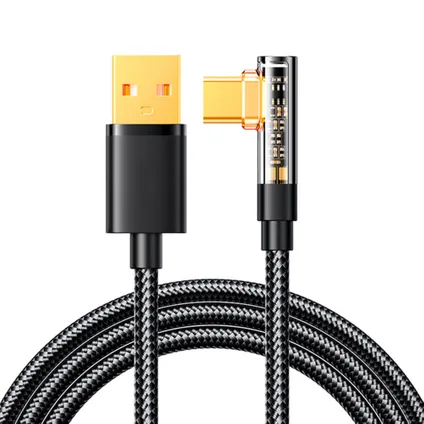 Nylon Fast Charge USB-C naar USB A kabel - 90 graden - 1.2m -3A - USBC3-QC - Zwart