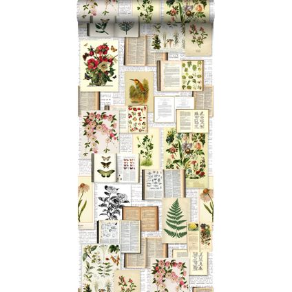 papier peint intissé XXL pages d'un livre botanique avec fleurs et plantes