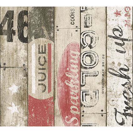 A.S. Création behangpapier vintage sloophout planken beige, rood en zwart