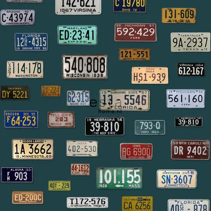 ESTAhome XXL behangpapier vintage license plates petrolblauw - 50 x 900 cm - 158502 4