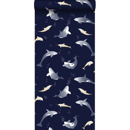 ESTAhome behangpapier orca's & dolfijnen marine blauw - 53 cm x 10,05 m - 115840