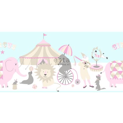 ESTAhome behangrand circus figuren licht roze, lichtblauw en beige - 26,5 cm x 5 m
