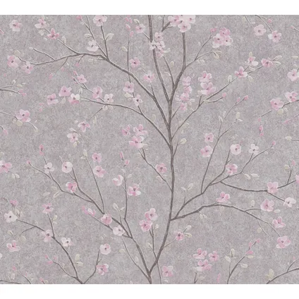 Livingwalls behang bloesemtakken vergrijsd bruin taupe en roze - 53 cm x 10,05 m 2