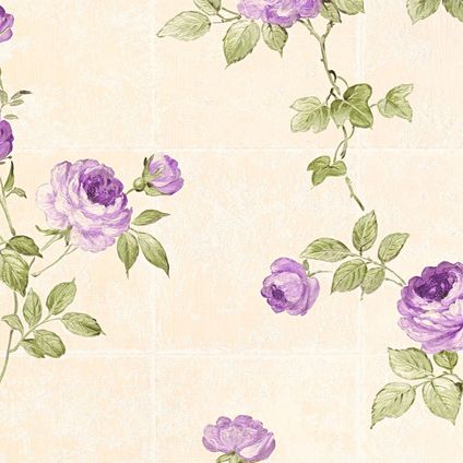 A.S. Création behangpapier bloemen crème beige, paars en groen - 53 cm x 10,05 m