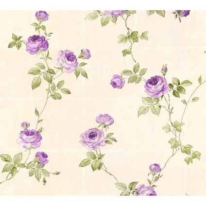 A.S. Création behangpapier bloemen crème beige, paars en groen - 53 cm x 10,05 m 2