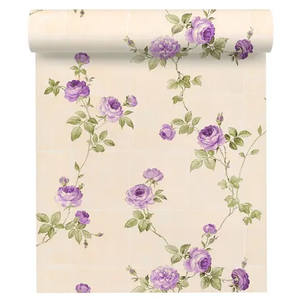A.S. Création behangpapier bloemen crème beige, paars en groen - 53 cm x 10,05 m 3
