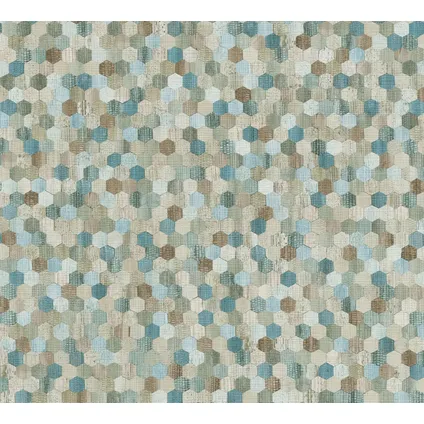A.S. Création behangpapier hexagon-motief blauw, bruin en grijs - 53 cm x 10,05 m 2