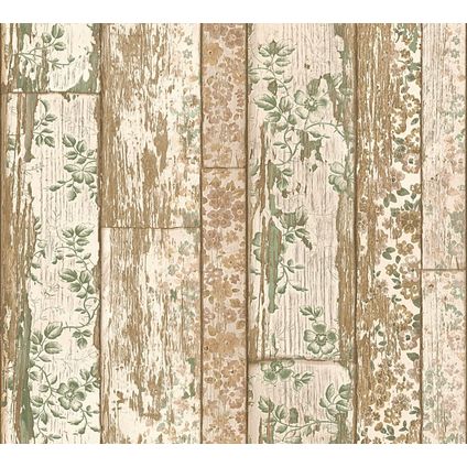 A.S. Création behang verweerde houten planken bruin en groen - 53 cm x 10,05 m