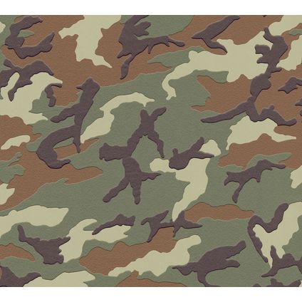 A.S. Création behangpapier camouflage groen, bruin en grijs - 53 cm x 10,05 m