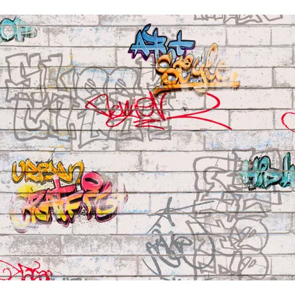 A.S. Création behangpapier graffiti grijs, oranje en blauw - 53 cm x 10,05 m