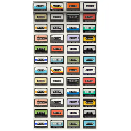 XXL behang vintage cassettes beige, zwart, rood, oranje, paars, blauw en groen