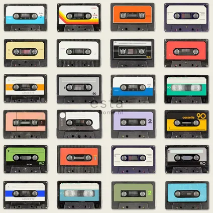 XXL behang vintage cassettes beige, zwart, rood, oranje, paars, blauw en groen 7