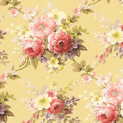 A.S. Création behang vintage bloemen roze, geel en olijfgroen - 53 cm x 10,05 m