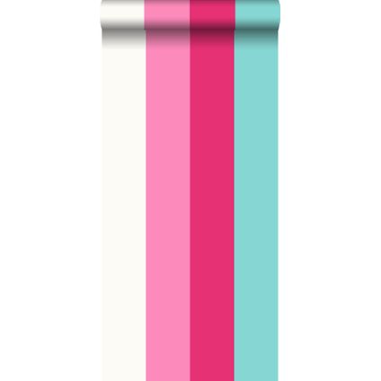 ESTAhome behangpapier strepen roze en turquoise - 53 cm x 10,05 m - 116520