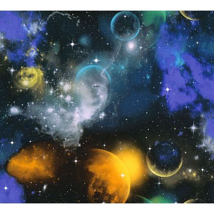 A.S. Création behang planeten in de ruimte blauw, oranje en groen