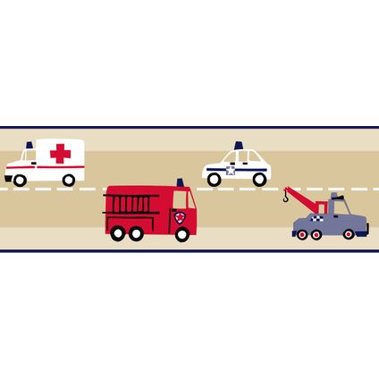 ESTAhome frise papier peint camions de pompiers et voitures de police beige, rouge et bleu