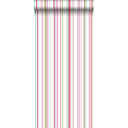ESTAhome behangpapier strepen limegroen, roze en turquoise - 53 cm x 10,05 m - 115726
